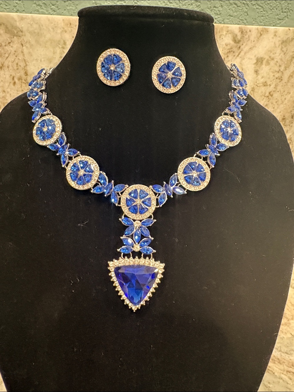Blue Crystal Statement Necklace and Earring Set